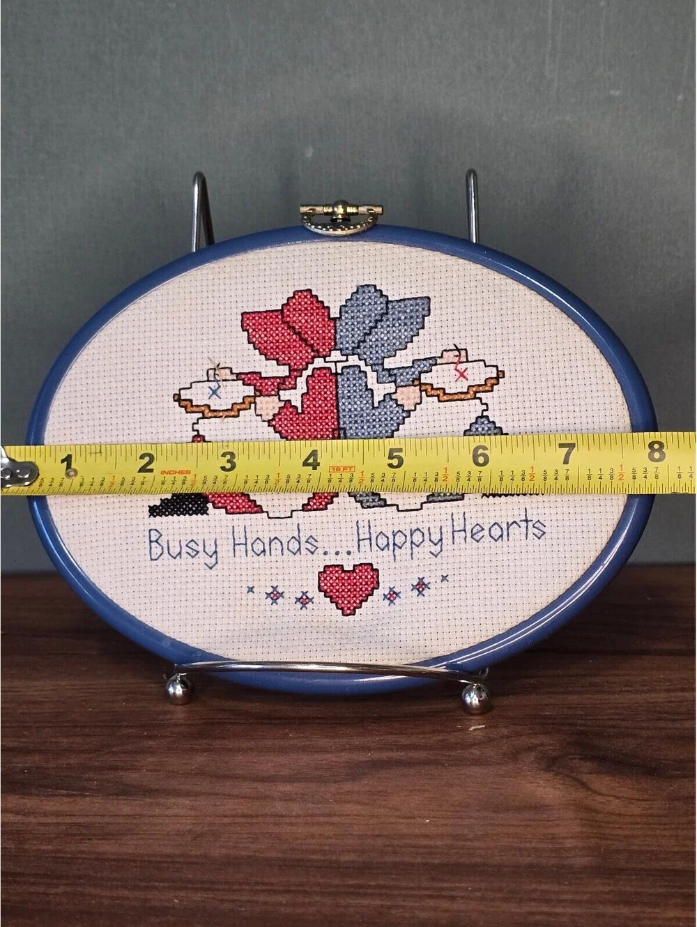 Vintage Finished Cross Stitch Oval Framed Art Busy Hands Happy Hearts